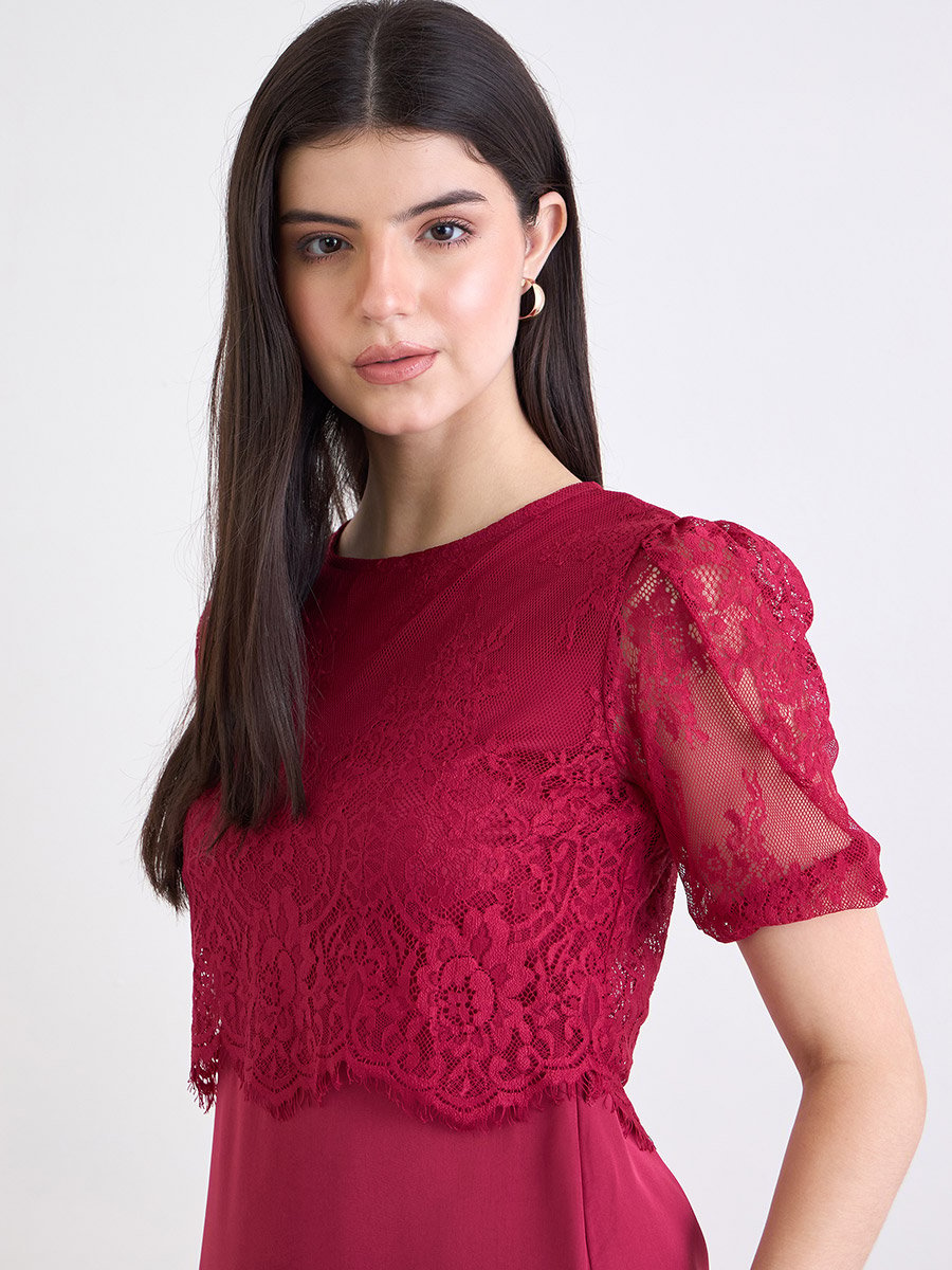 Women Red Lace Layer A-Line Midi Dress