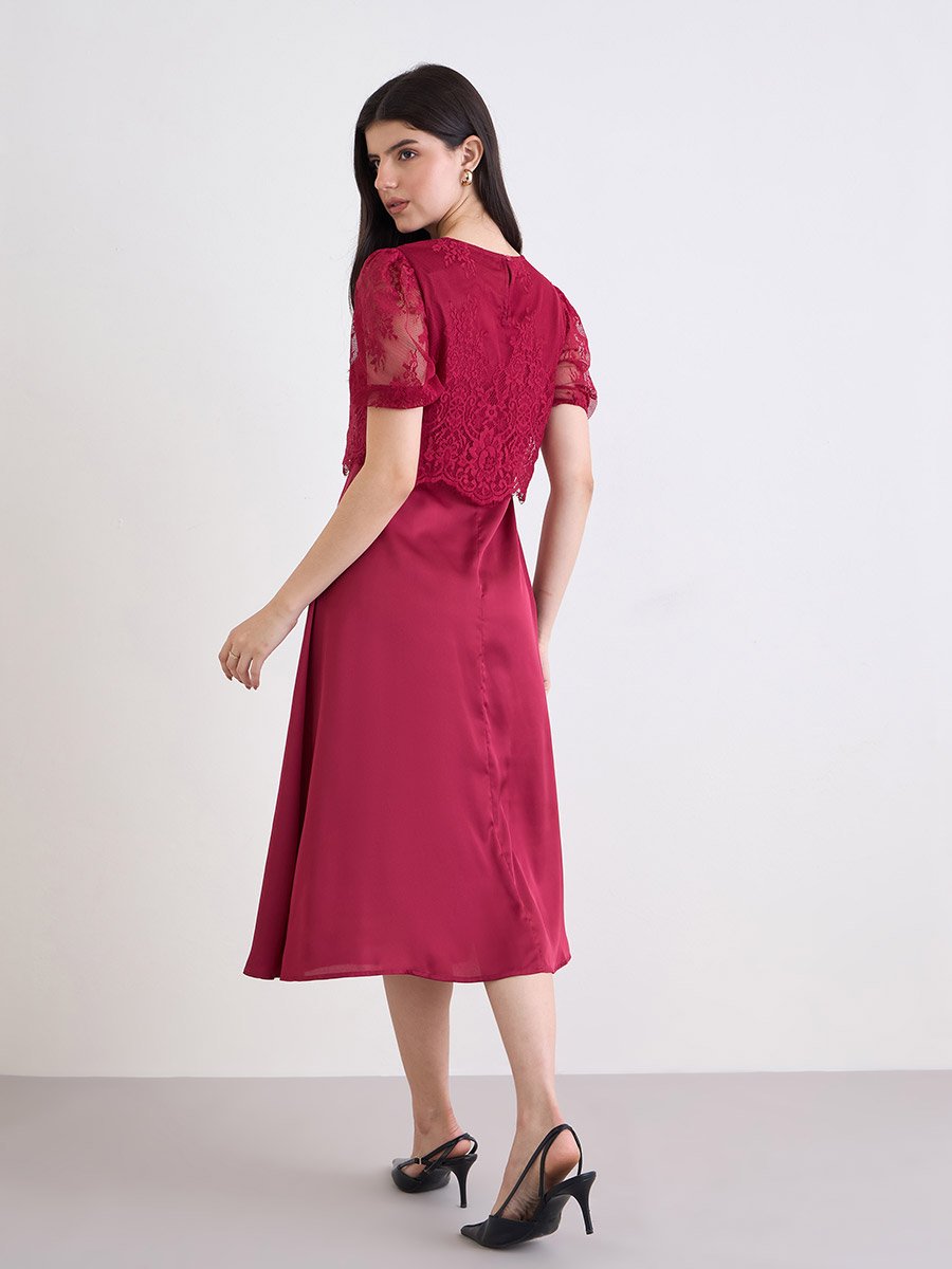 Women Red Lace Layer A-Line Midi Dress