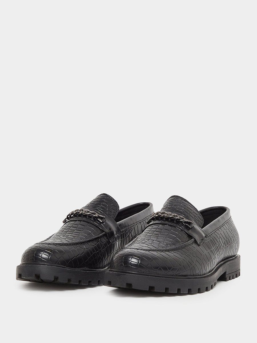 Croc-Textured Chain Accent Chunky Loafers