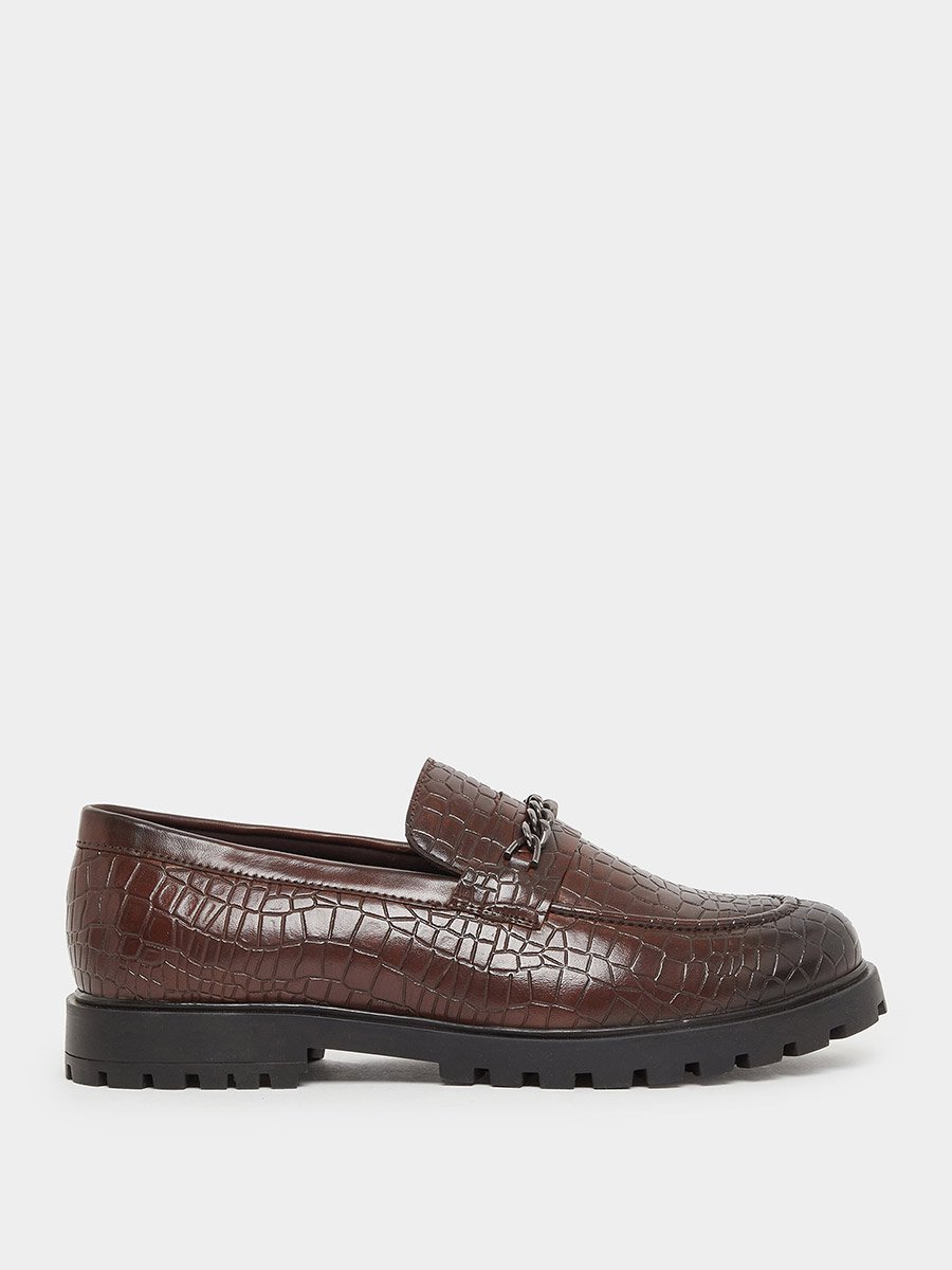 Croc-Textured Chain Accent Chunky Loafers