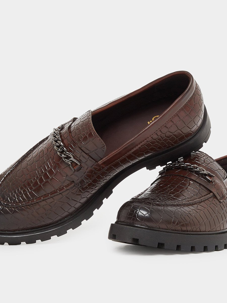 Croc-Textured Chain Accent Chunky Loafers