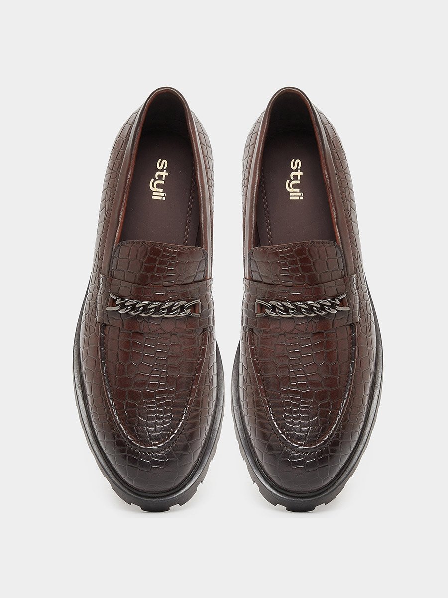 Croc-Textured Chain Accent Chunky Loafers