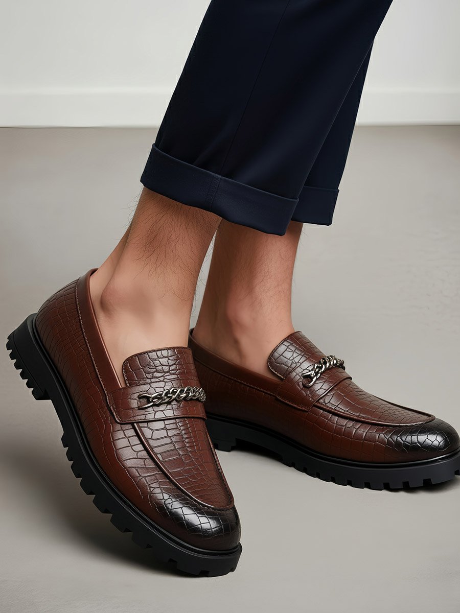 Croc-Textured Chain Accent Chunky Loafers
