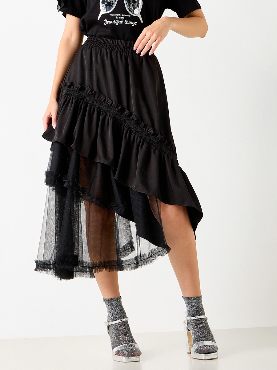 Textured Asymmetric Midi Skirt with Ruffle Detail