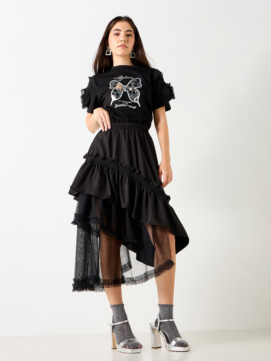 Textured Asymmetric Midi Skirt with Ruffle Detail