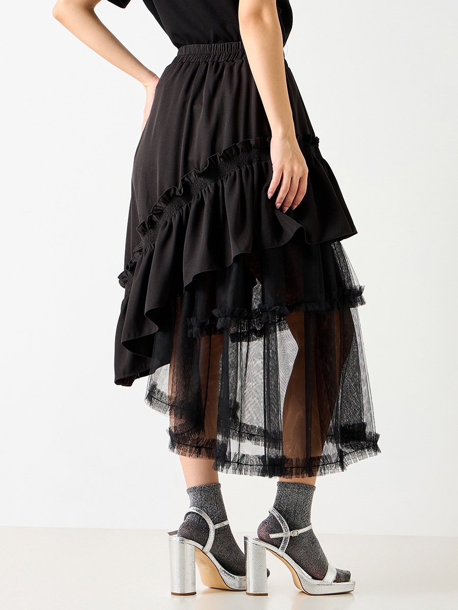 Textured Asymmetric Midi Skirt with Ruffle Detail