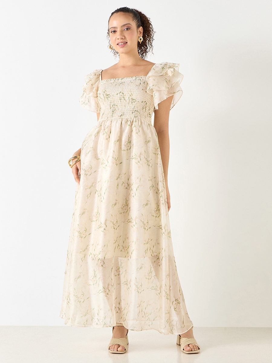 Floral Print Ruffle Sleeves Maxi Dress with Shirring Detail For Default  Category at UAE | Styli