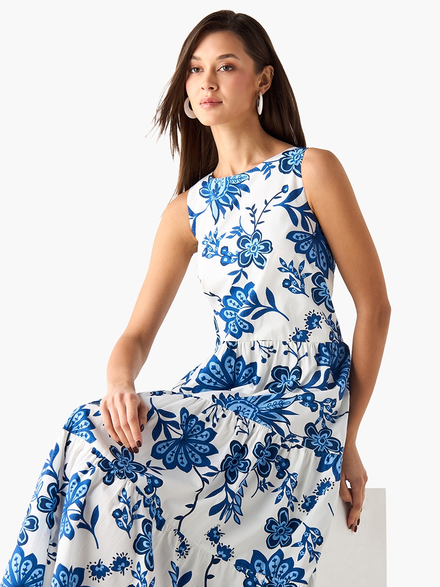 Floral Print Sleeveless Tiered Dress with Tie-Up Detail