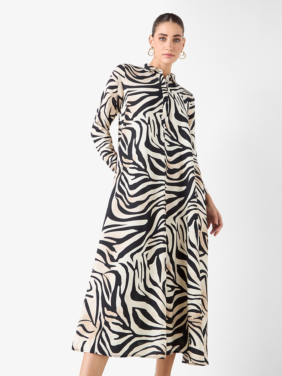 Printed Shirt Dress with Collar and Long Sleeves