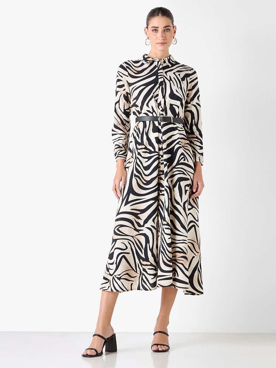Printed Shirt Dress with Collar and Long Sleeves