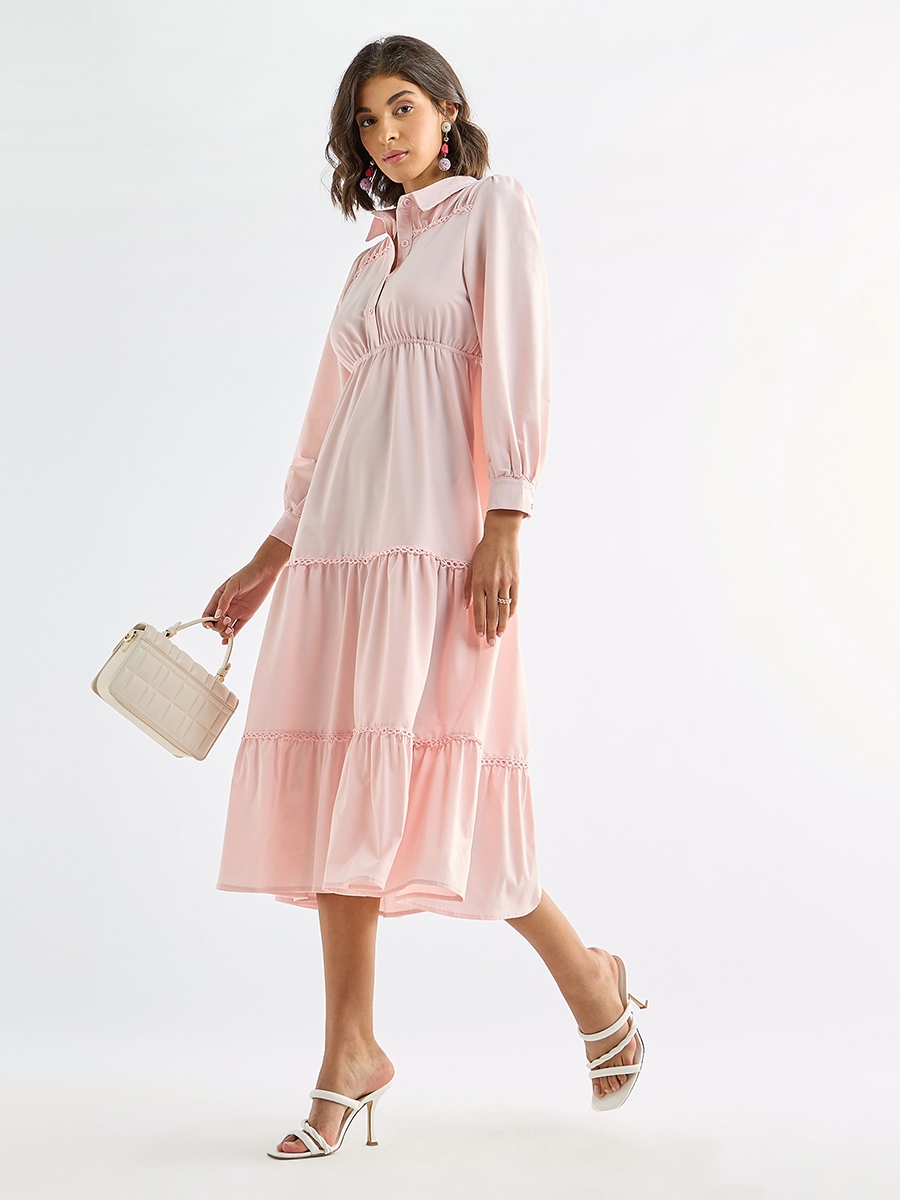 Solid Tiered Midi Dress with Puff Sleeves and Collar