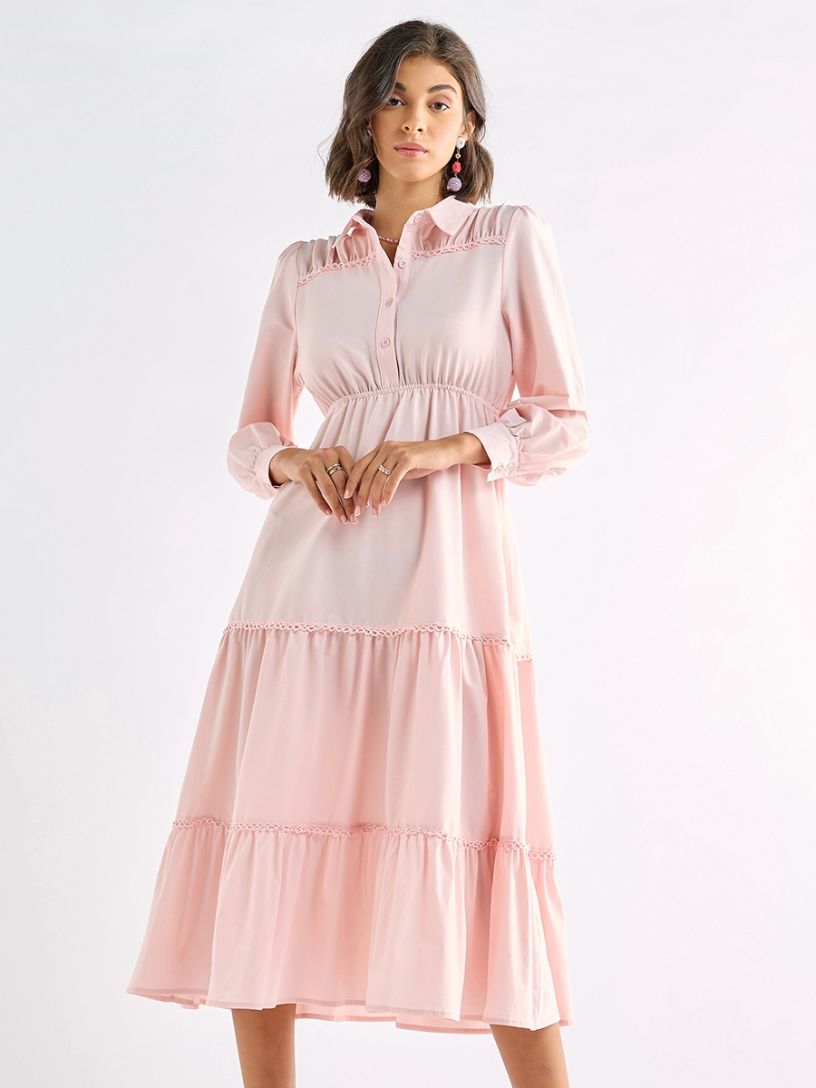 Solid Tiered Midi Dress with Puff Sleeves and Collar