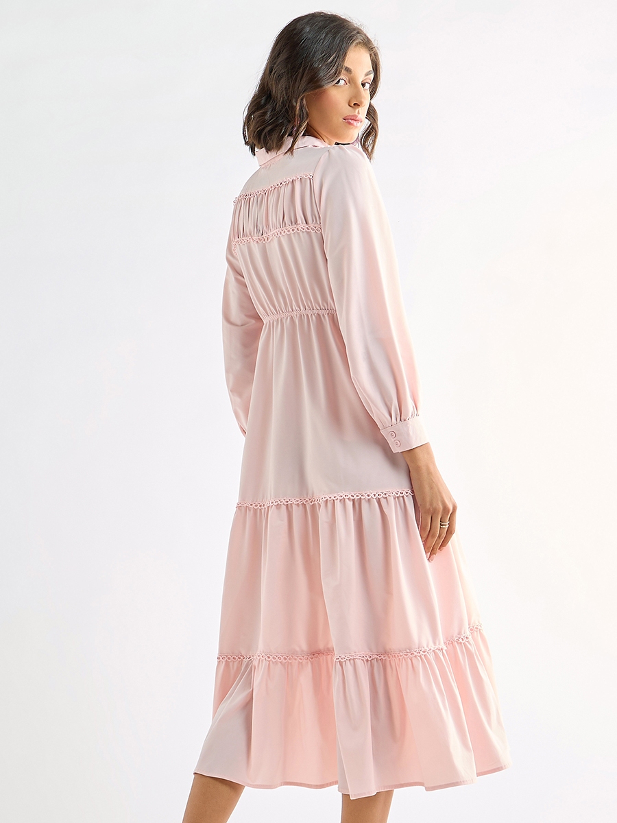 Solid Tiered Midi Dress with Puff Sleeves and Collar