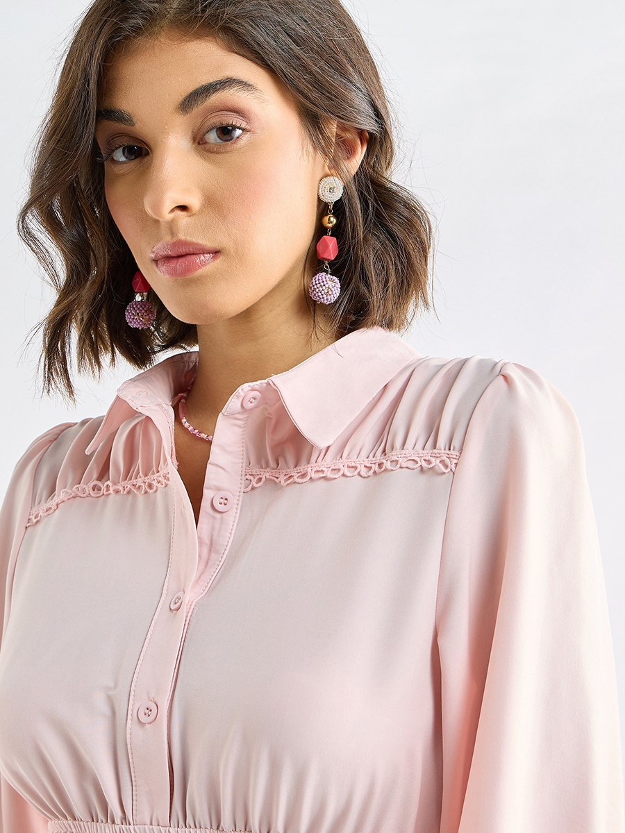 Solid Tiered Midi Dress with Puff Sleeves and Collar