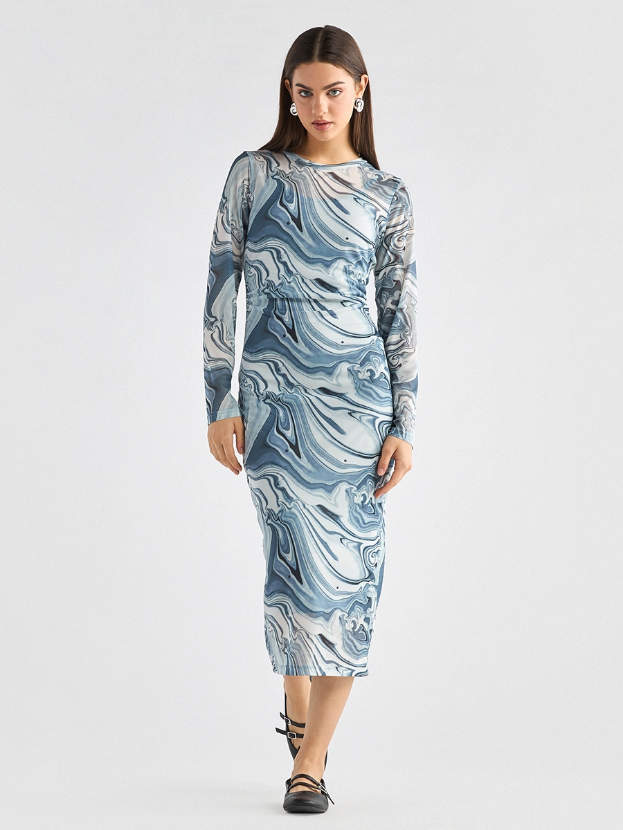 Printed Bodycon Dress with Long Sleeves and Slit Detail For Default  Category at Bahrain | Styli