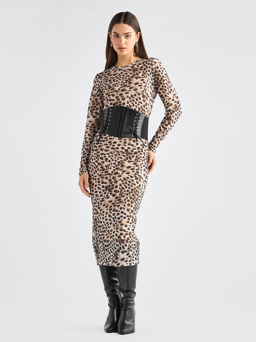 Printed Bodycon Dress with Long Sleeves and Slit Detail For Default  Category at Qatar