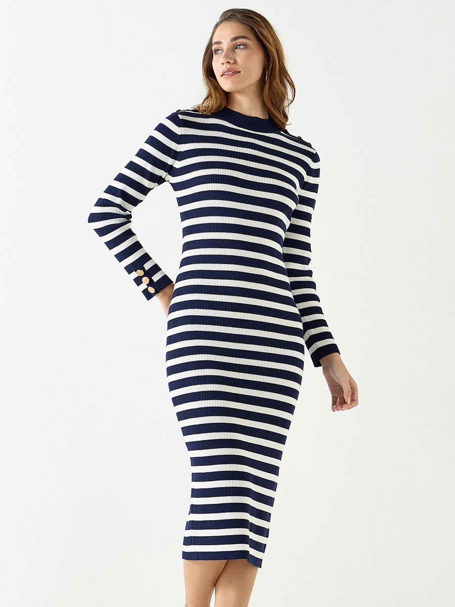 Striped Bodycon Dress with Long Sleeves For Default Category at Kuwait | Styli Striped Bodycon Dress with Long Sleeves For Default Category at Kuwait | Styli