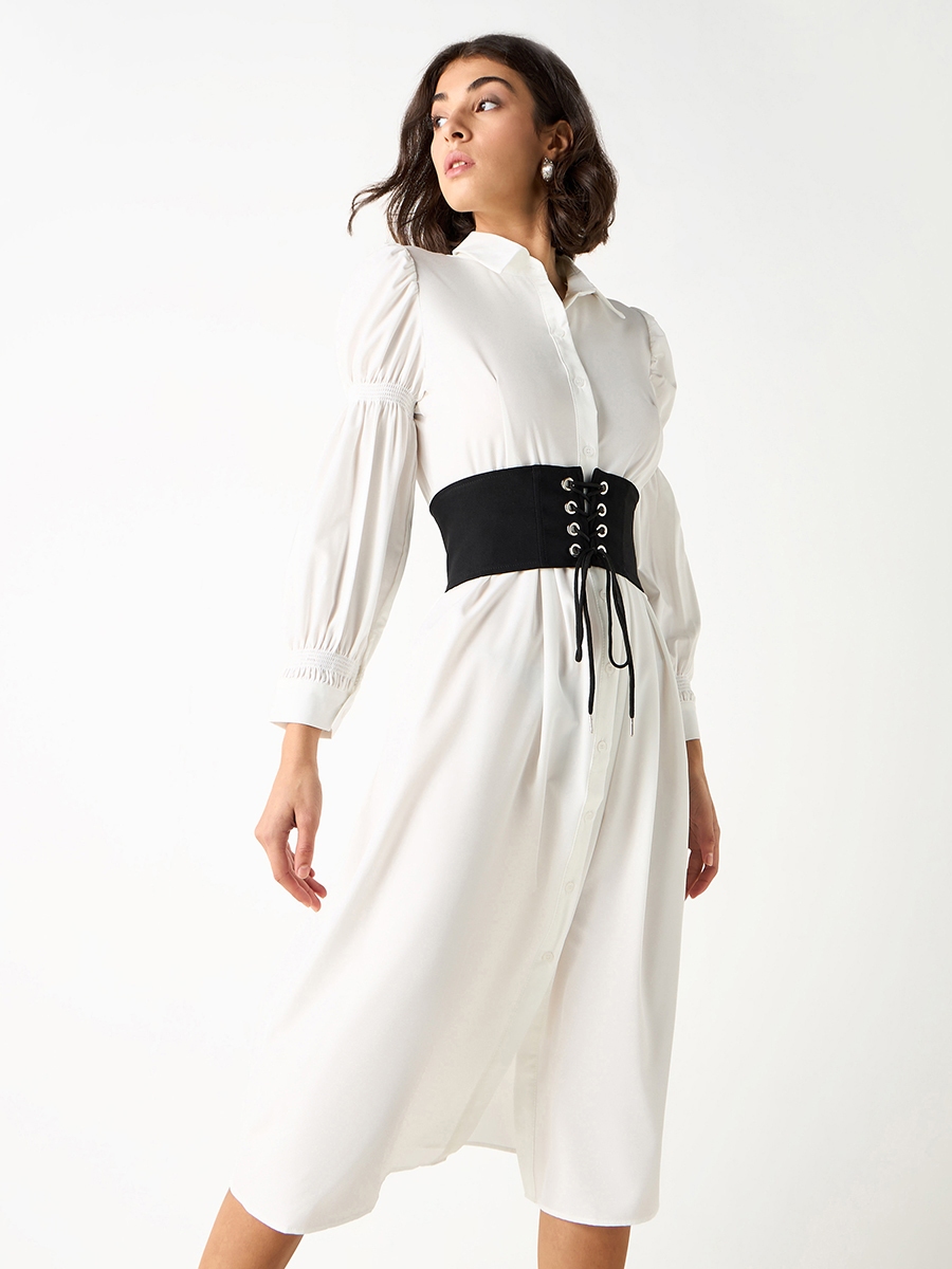 white shirt dress with black corset belt Black dress over white shirt