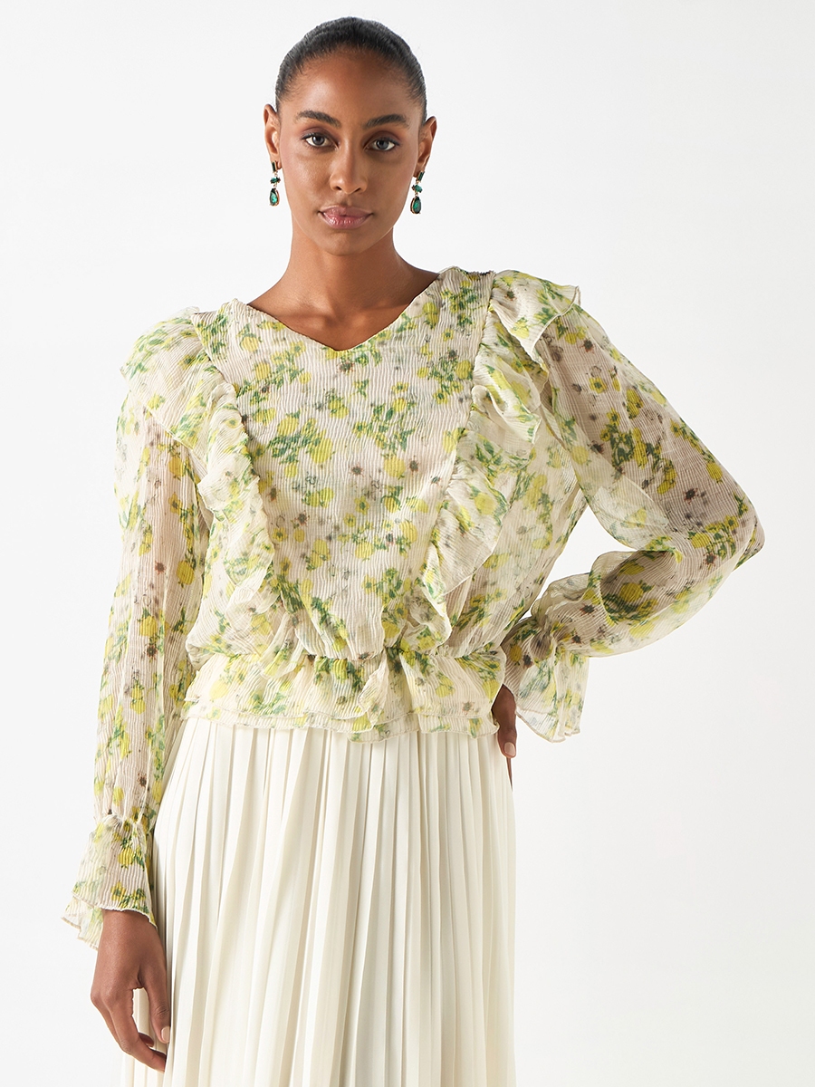 All-Over Floral Print Top with V-neck and Ruffle Detail