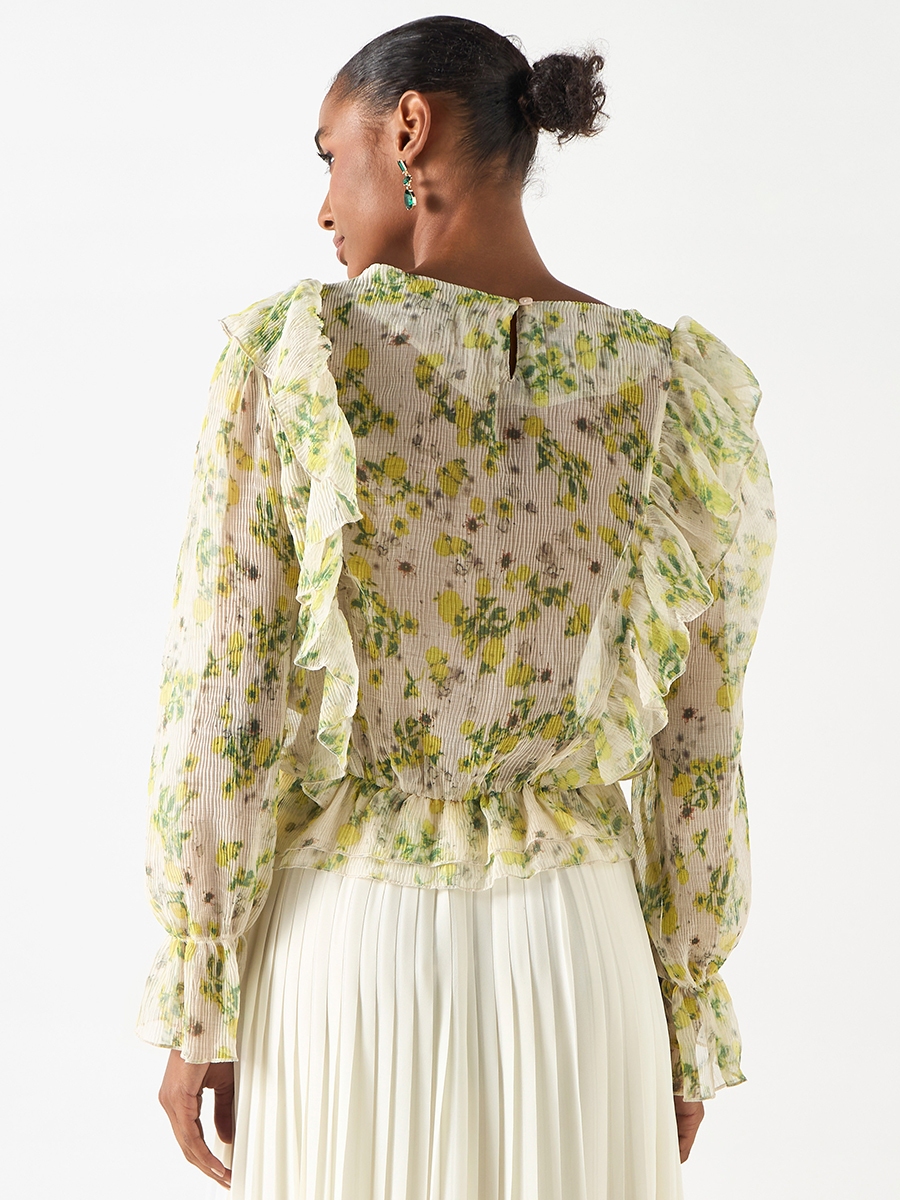 All-Over Floral Print Top with V-neck and Ruffle Detail