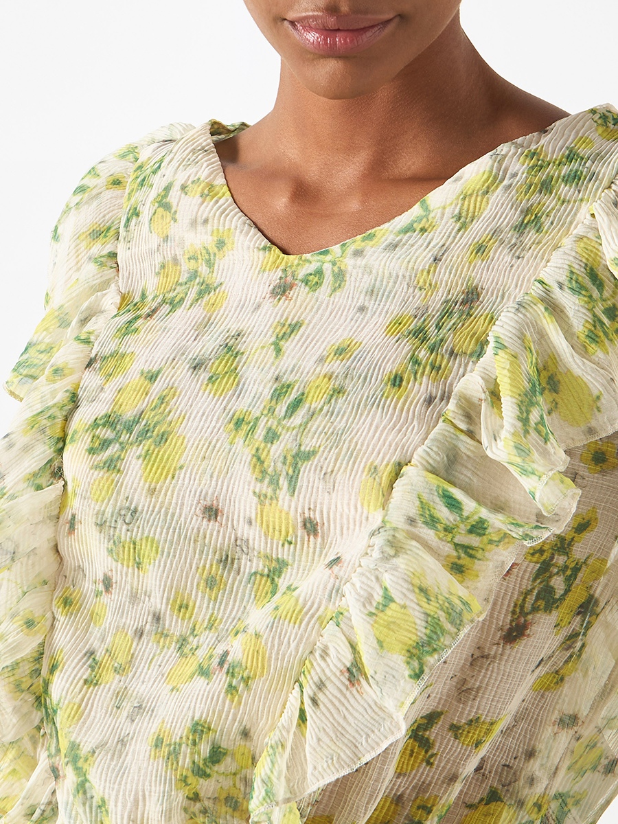 All-Over Floral Print Top with V-neck and Ruffle Detail