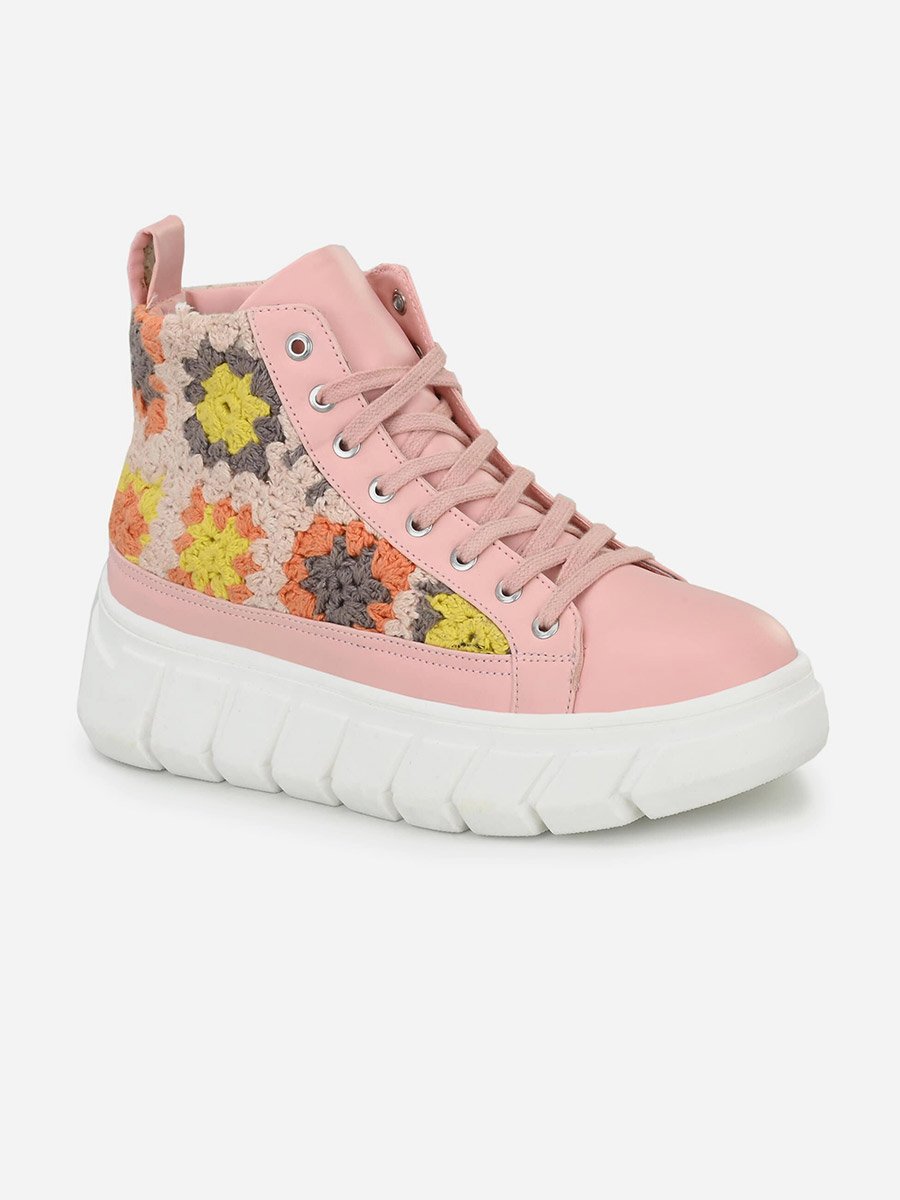 Crochet Insert High Top Lace-Up Sneakers