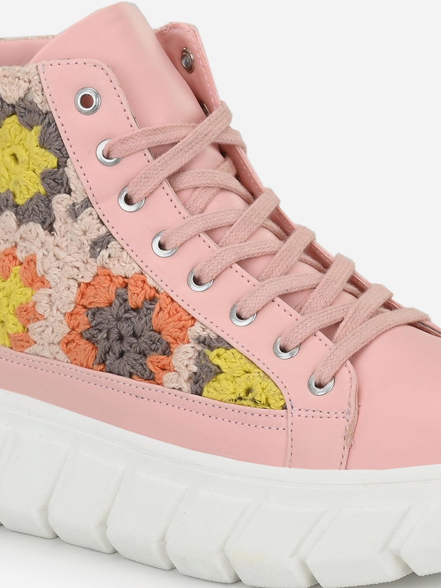 Crochet Insert High Top Lace-Up Sneakers