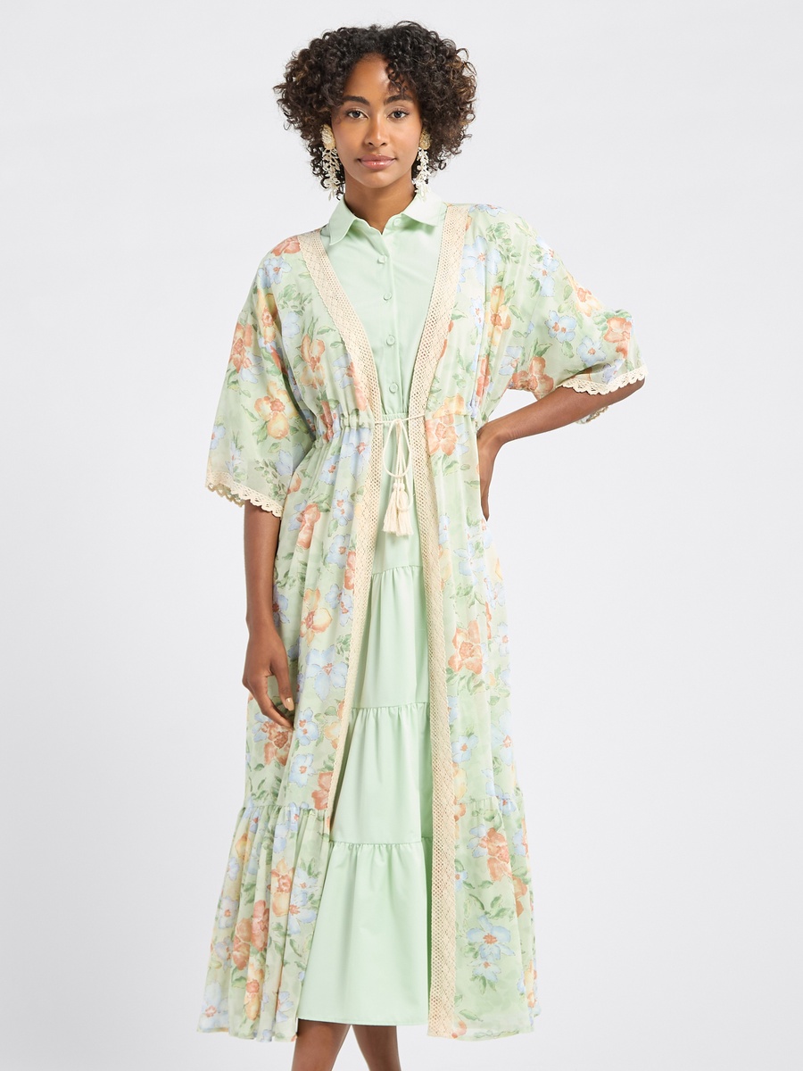 Floral Print Longline Shrug with Tie-Ups