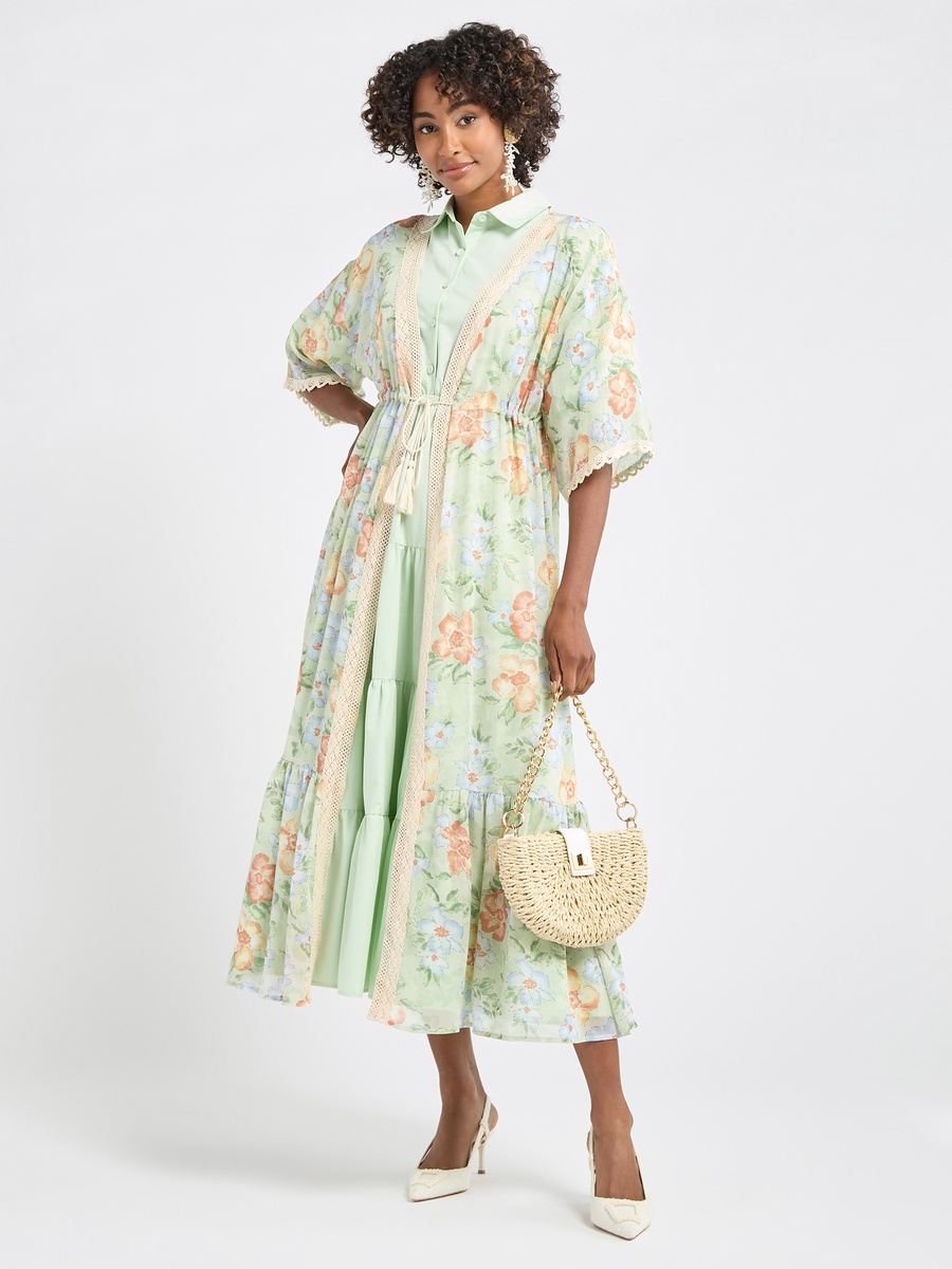 Floral Print Longline Shrug with Tie-Ups