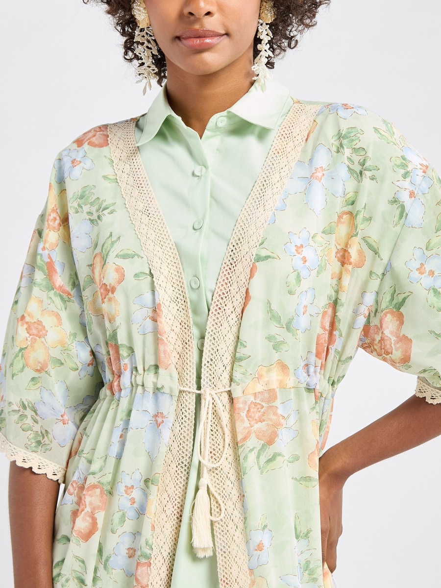 Floral Print Longline Shrug with Tie-Ups