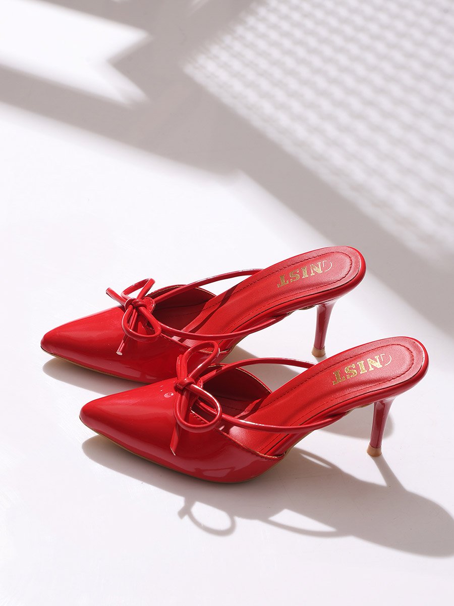 Plain Pointed Toe Stiletto Heel Mules with Bow Detail
