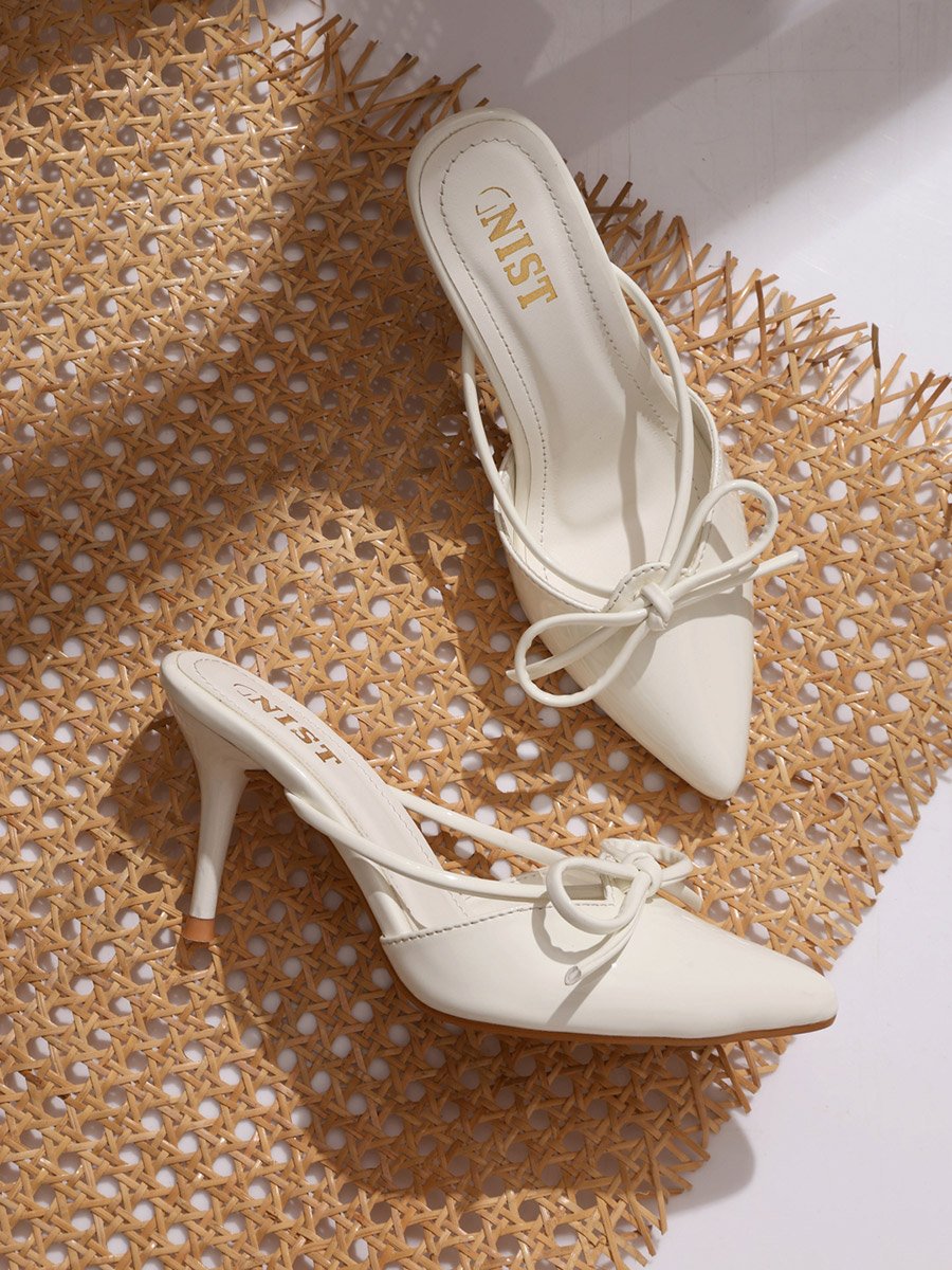 Plain Pointed Toe Stiletto Heel Mules with Bow Detail