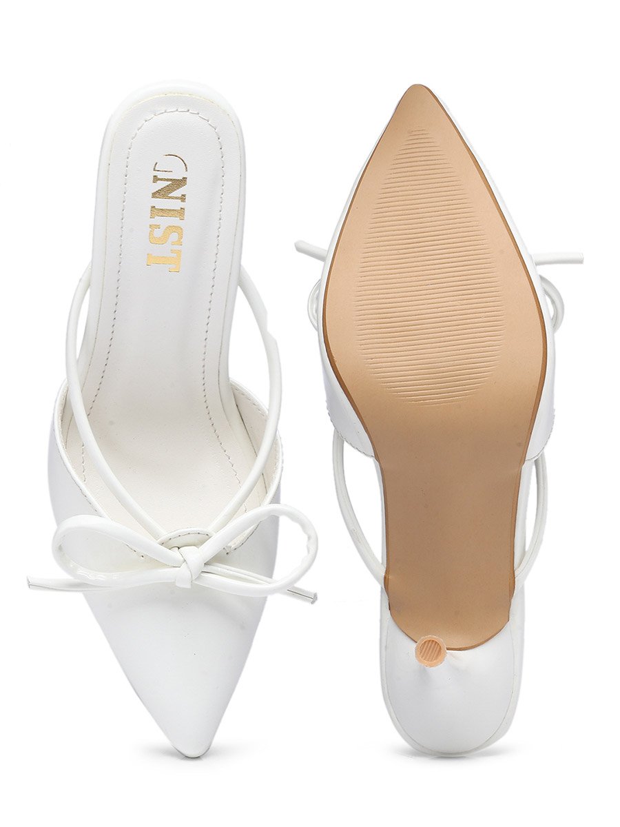 Plain Pointed Toe Stiletto Heel Mules with Bow Detail