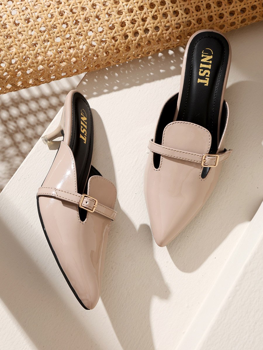 Buckle Detail Pointed Toe Kitten Heel Mules