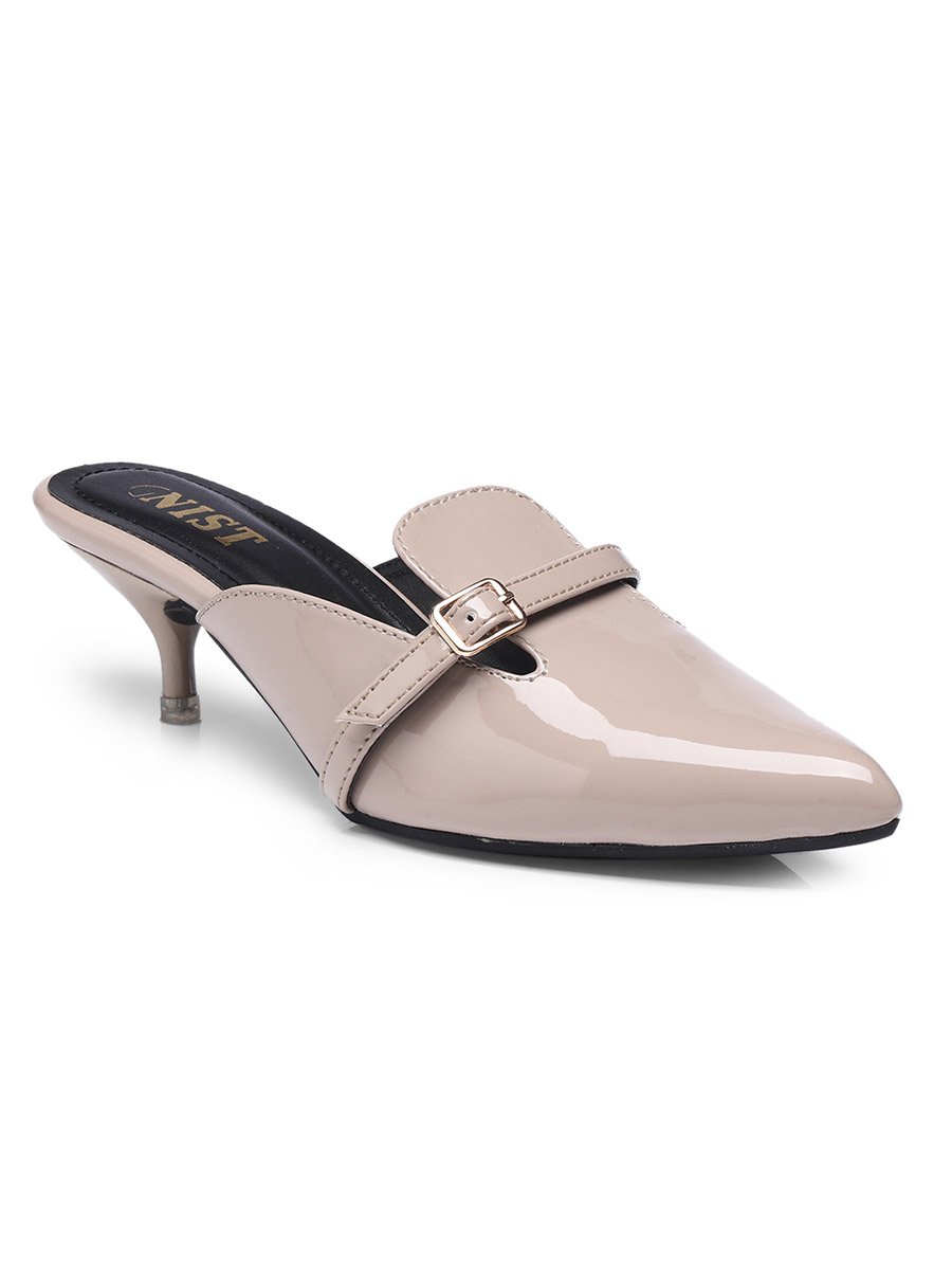 Buckle Detail Pointed Toe Kitten Heel Mules