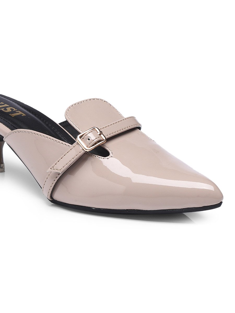 Buckle Detail Pointed Toe Kitten Heel Mules