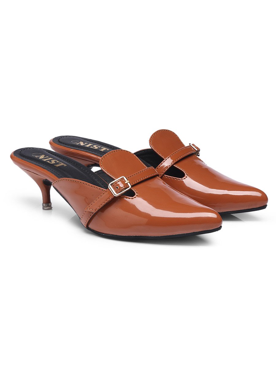 Buckle Detail Pointed Toe Kitten Heel Mules