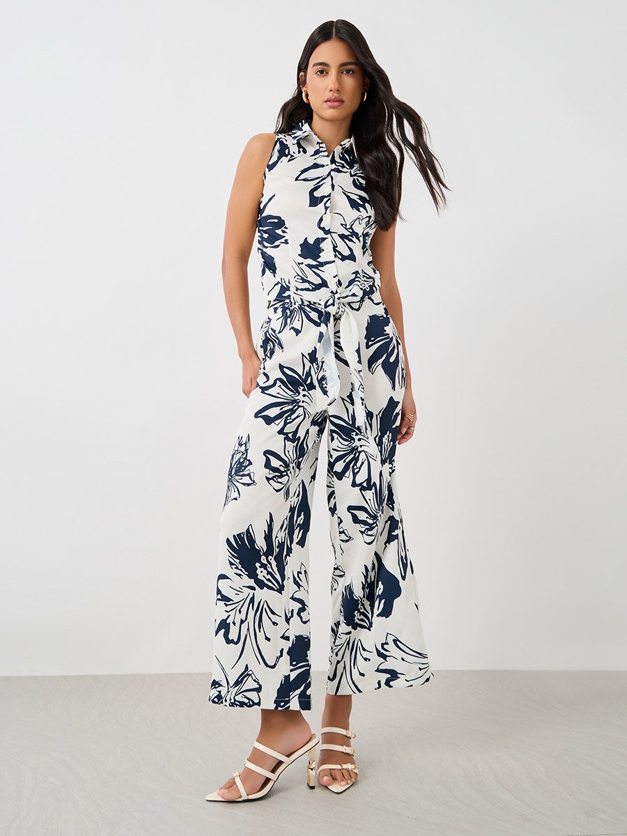Printed Sleeveless Resort Collar Shirt with Tie-Up Detail