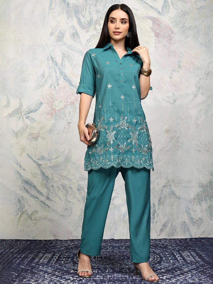 Embroidered Spread Collar Tunic with Trousers Co-Ords