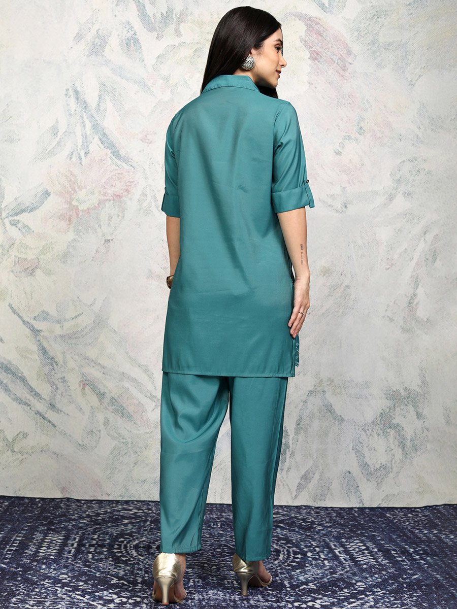Embroidered Spread Collar Tunic with Trousers Co-Ords