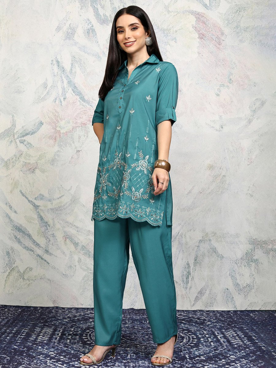 Embroidered Spread Collar Tunic with Trousers Co-Ords