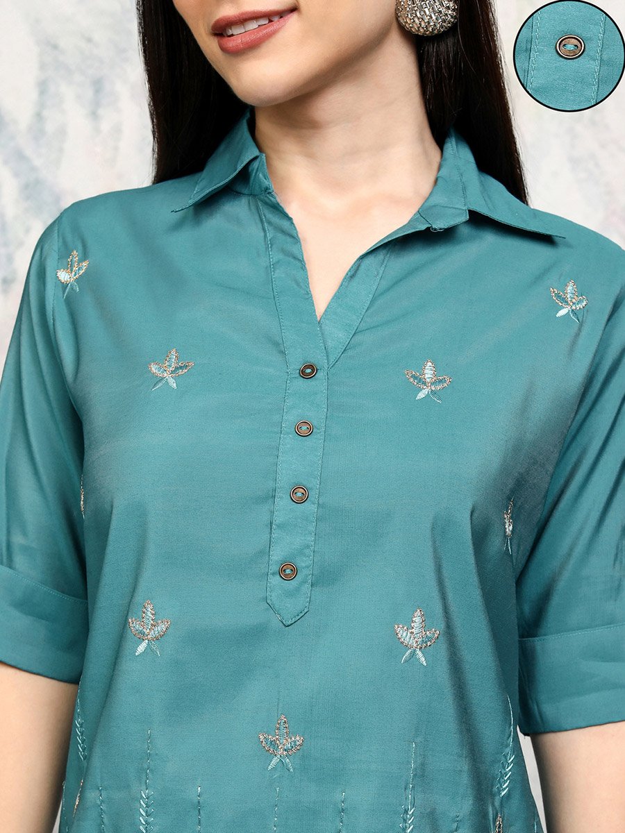 Embroidered Spread Collar Tunic with Trousers Co-Ords
