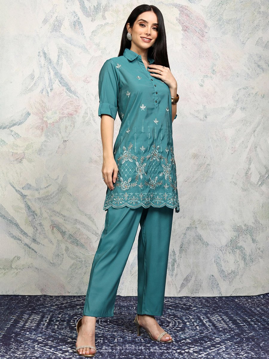 Embroidered Spread Collar Tunic with Trousers Co-Ords