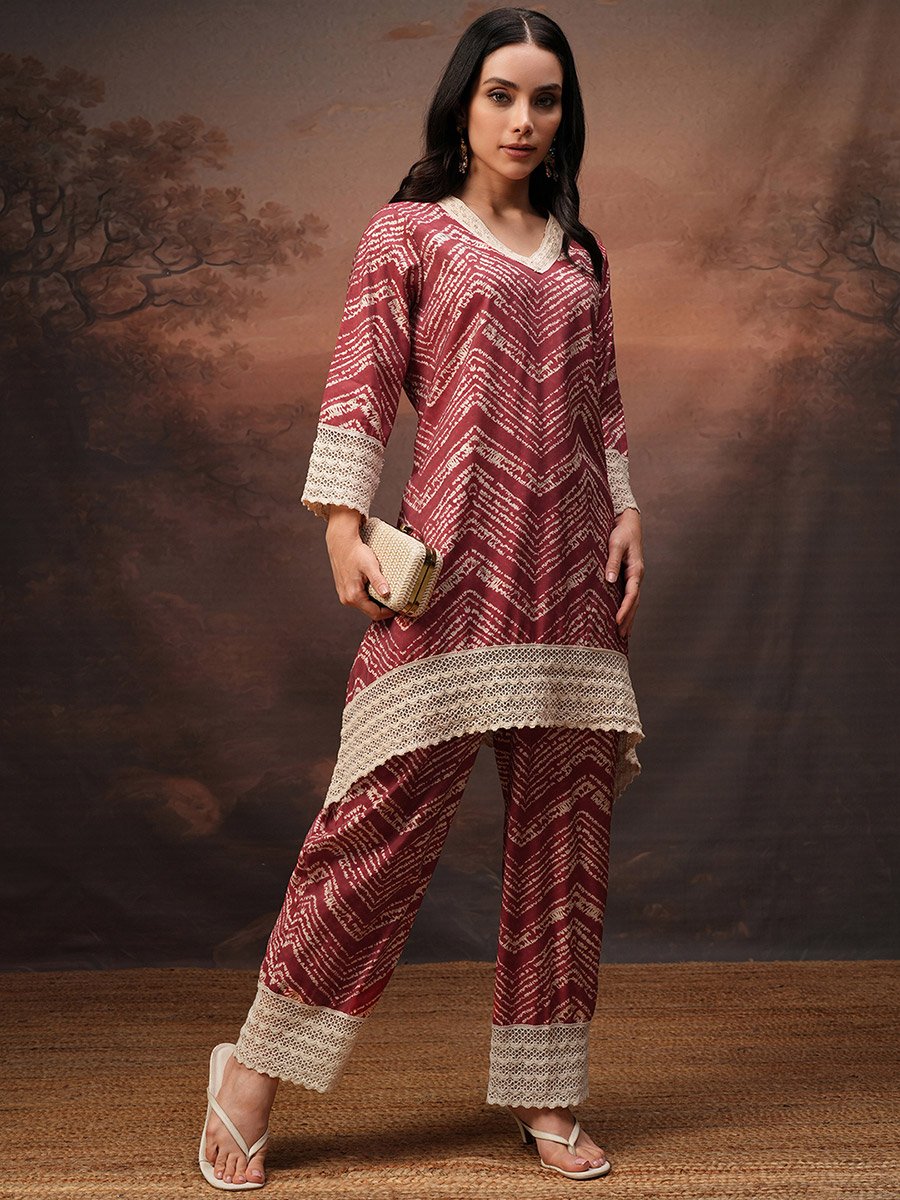 Printed V-Neck Lace Trims Tunic with Trousers Co-Ords