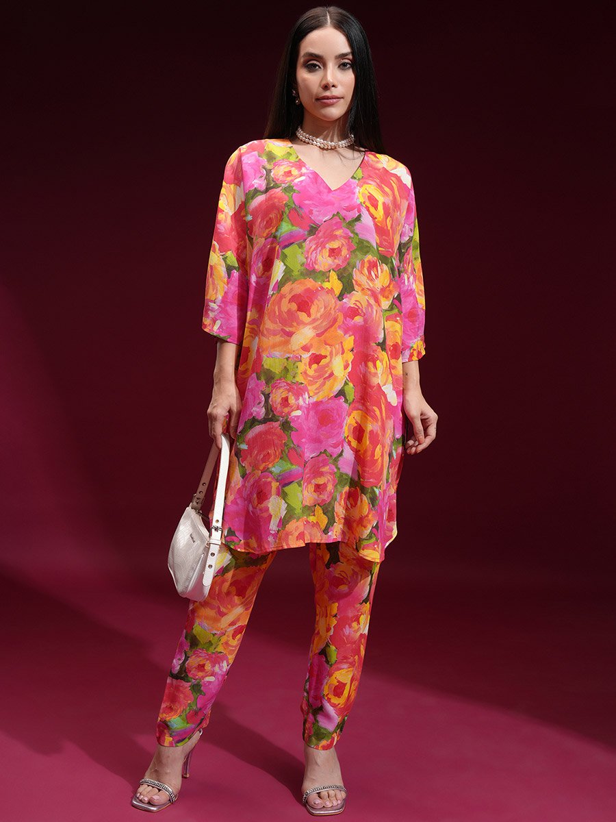 Floral Printed V Neck Tunic and Trousers Co-Ords