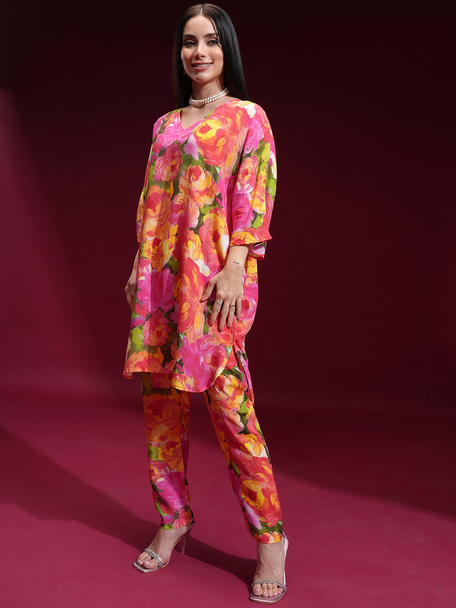 Floral Printed V Neck Tunic and Trousers Co-Ords