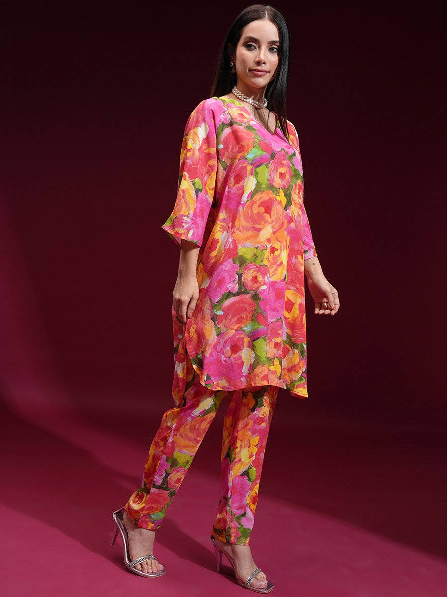 Floral Printed V Neck Tunic and Trousers Co-Ords