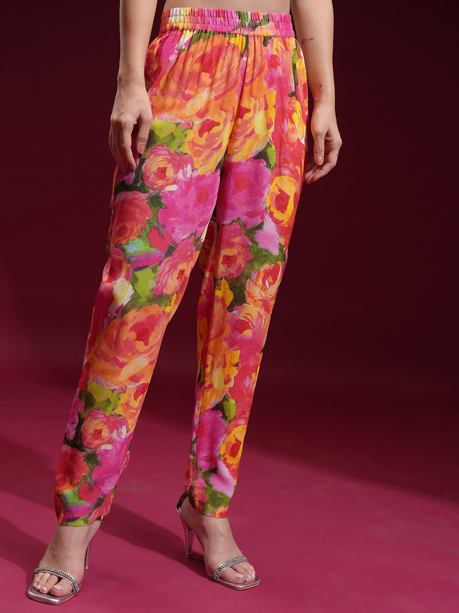 Floral Printed V Neck Tunic and Trousers Co-Ords