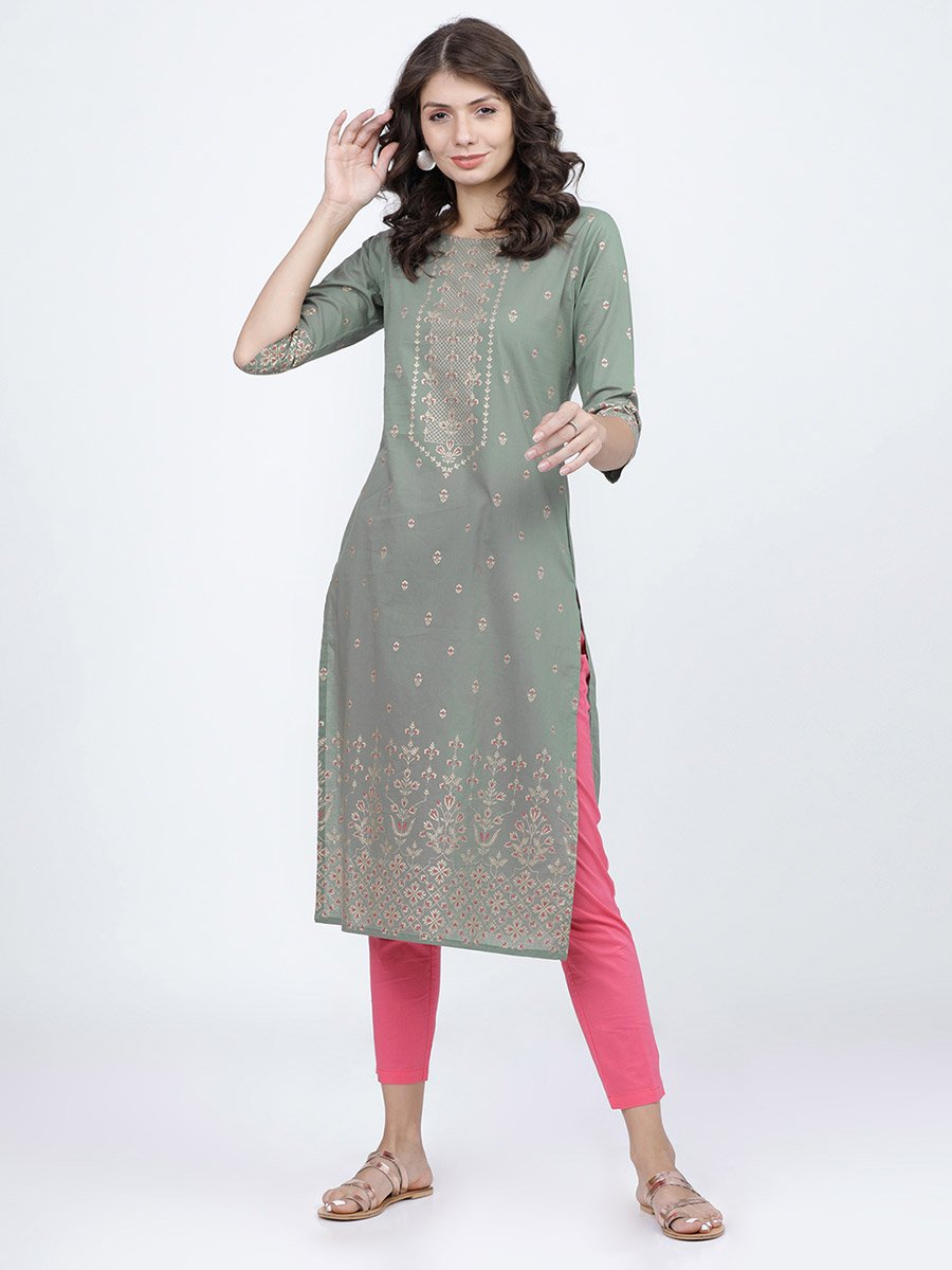 Women Olive Ethnic Motifs Printed Cotton Kurta