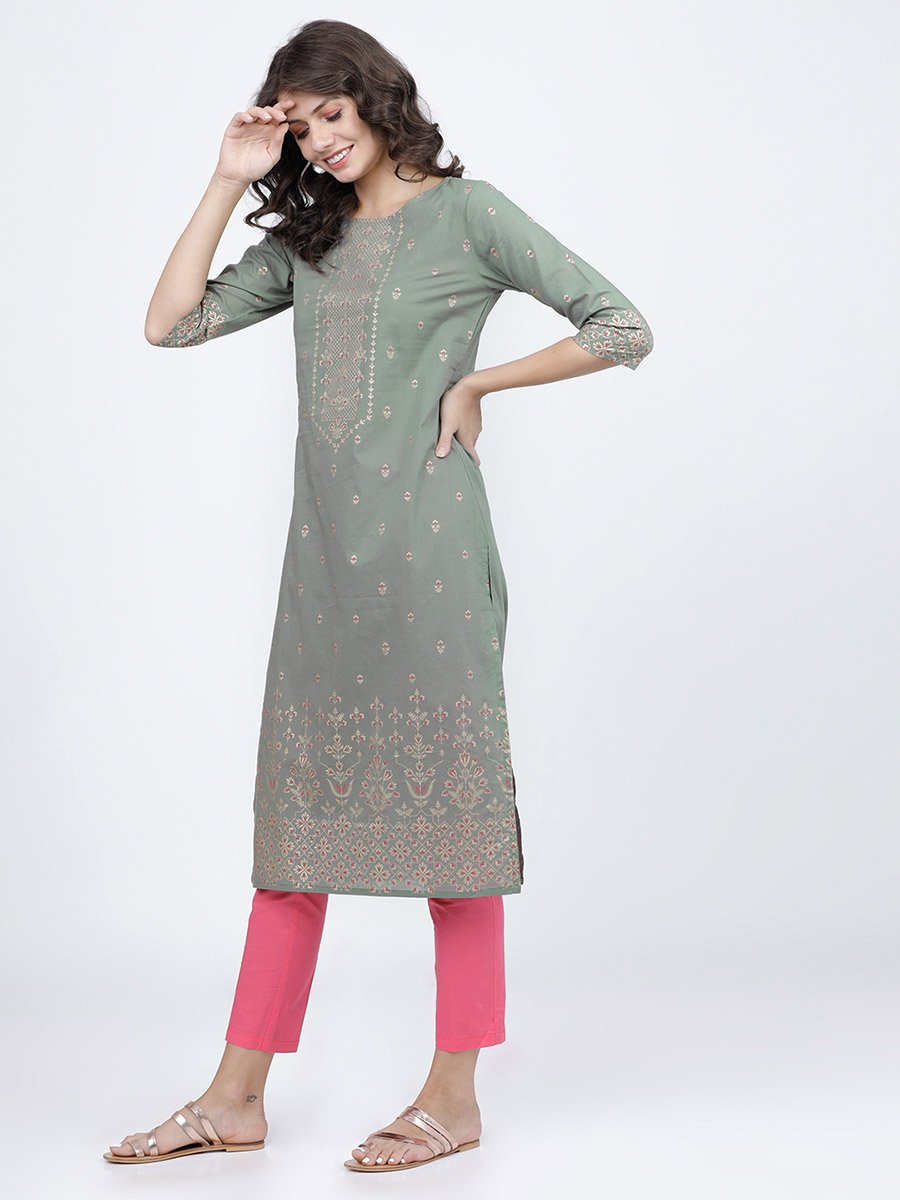 Women Olive Ethnic Motifs Printed Cotton Kurta